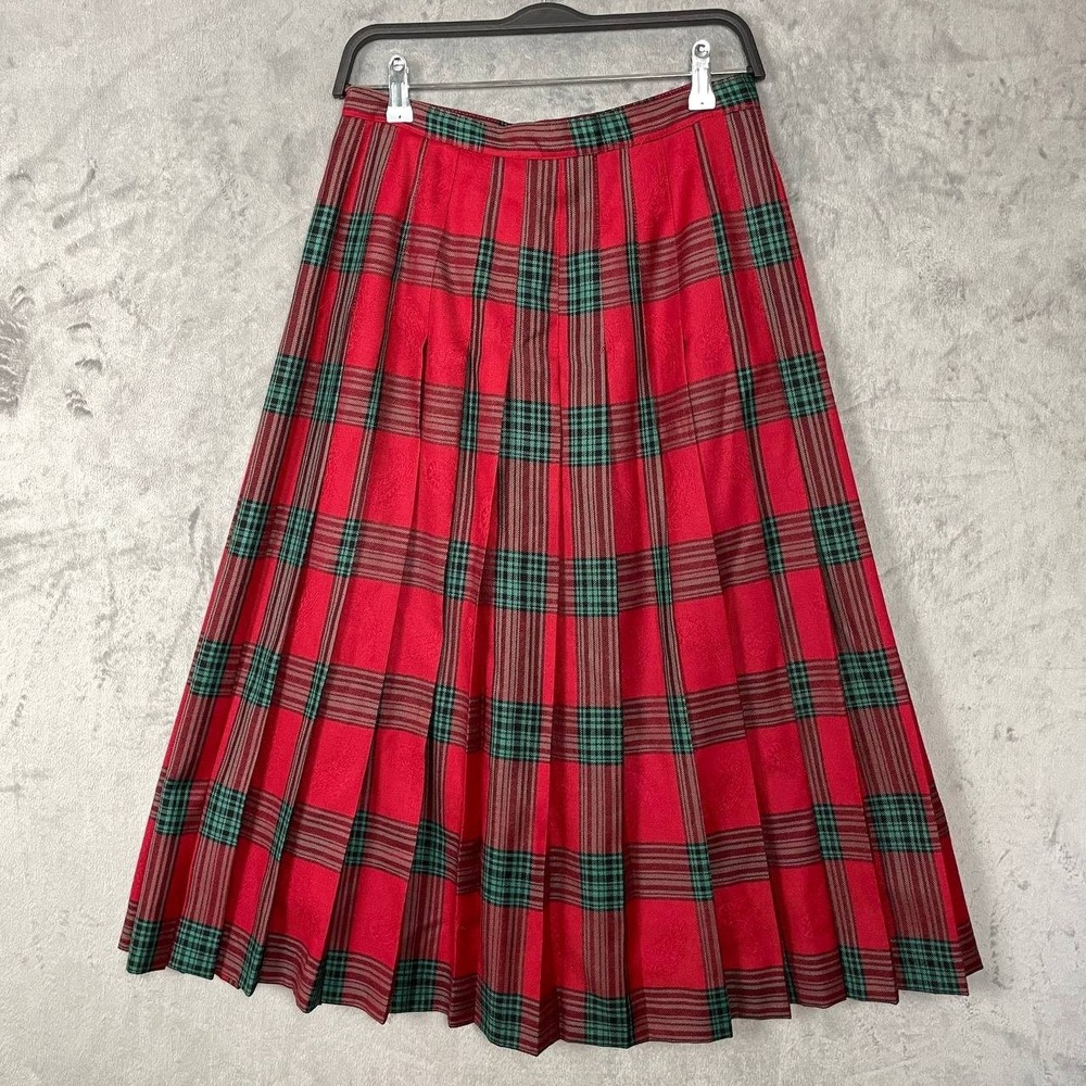 Vintage Wool‎ Tartan Plaid Midi Skirt Red Pleated A Line Academia Size 14 Preppy